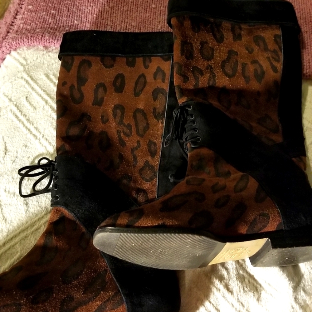 celine leopard & swede boots size 37, us 6.5
